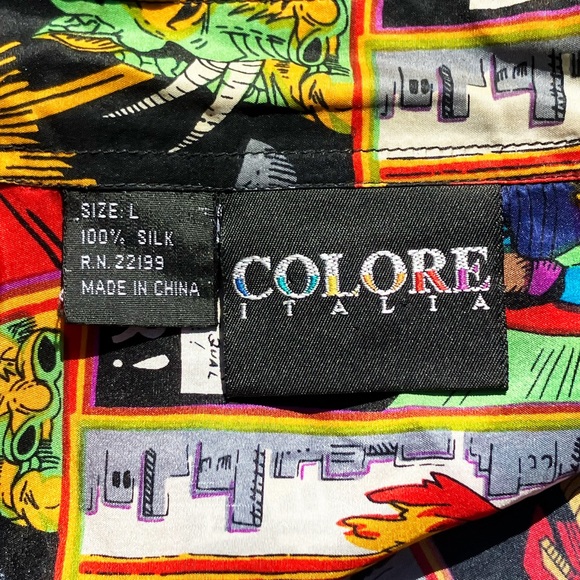 Vintage Men’s Silk Short Sleeve Button Down with Comic Book Motif, Size Large - Picture 2 of 4